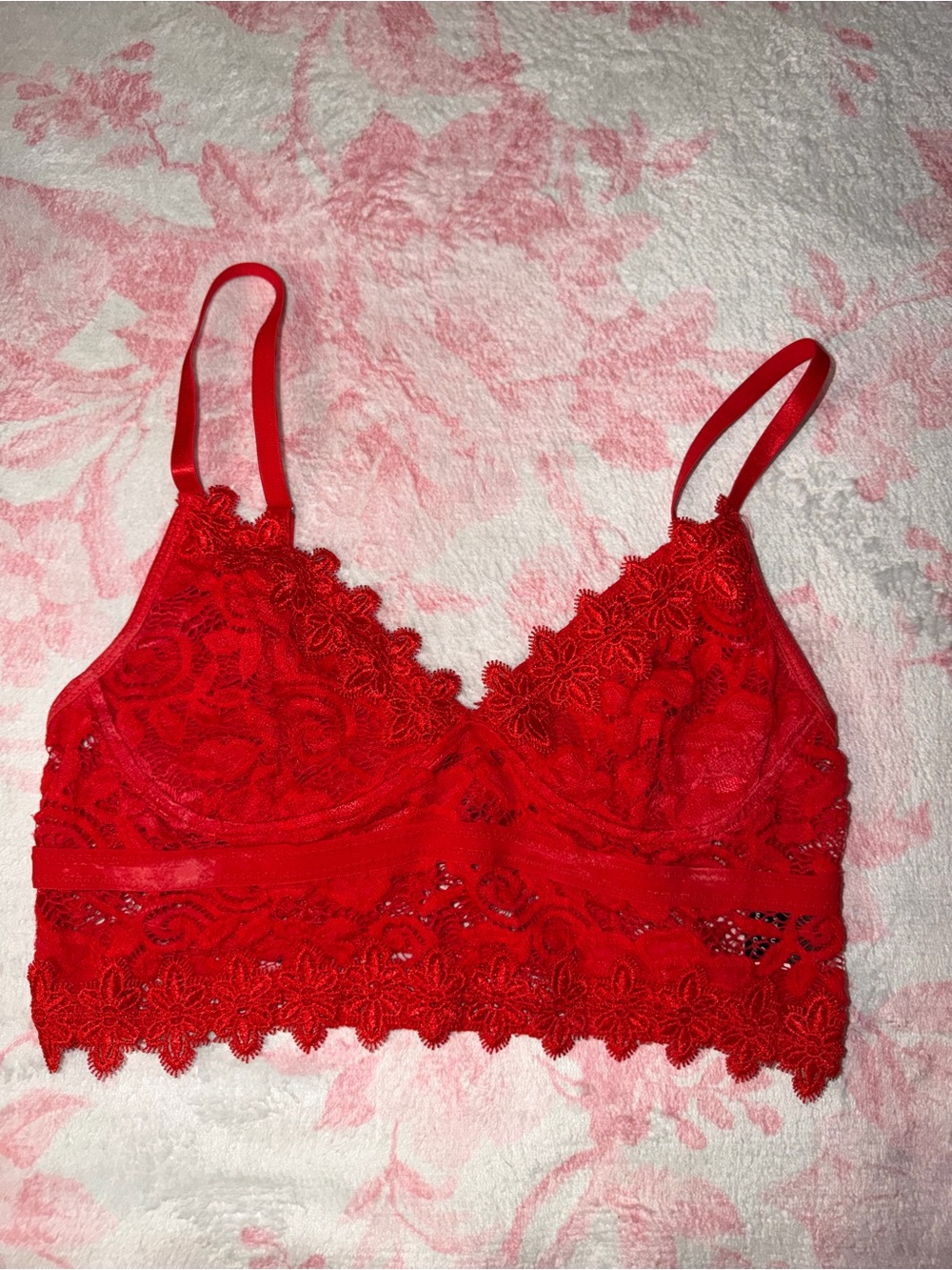 Lace Red Bralette with Floral Trim - Women's Intimates